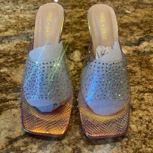 Chase + Chloe Iridescent Crystal Slide Mules in Silver/Pearl